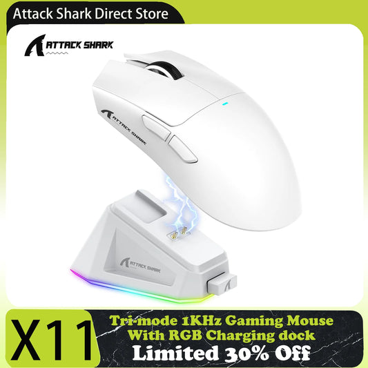 Herní myš Attack Shark X11 Tri-mode s magnetickou nabíjecí dokovací stanicí, senzorem PixArt PAW3311, 22K DPI, BT/2.4Ghz/kabelové připojení, pro PC/MAC
