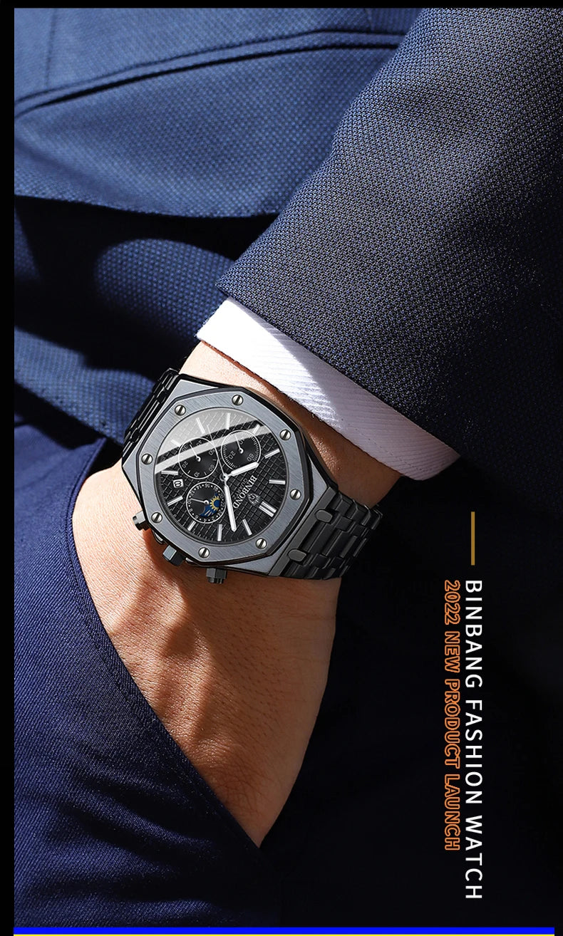 BINBONG B0161 Top Brand Man Business Quartz Watch Chronograph Wristwatch Stainless Steel Strap 30M Waterproof Luxury Men Watch