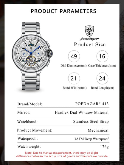 POEDAGAR Luxury Male Watch Tourbillon Date Week Stainless Steel Men Watch Waterproof Automatic Mechanical Military Men's Watches