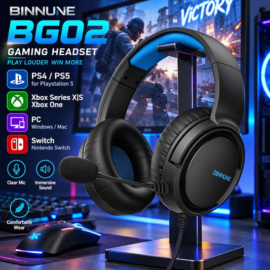 Casque de jeu filaire supra-auriculaire BINNUNE BG02 avec micro pour PS4 PS5 Xbox Series X | Casque stéréo premium pour Xbox One, PC, Switch et Pro