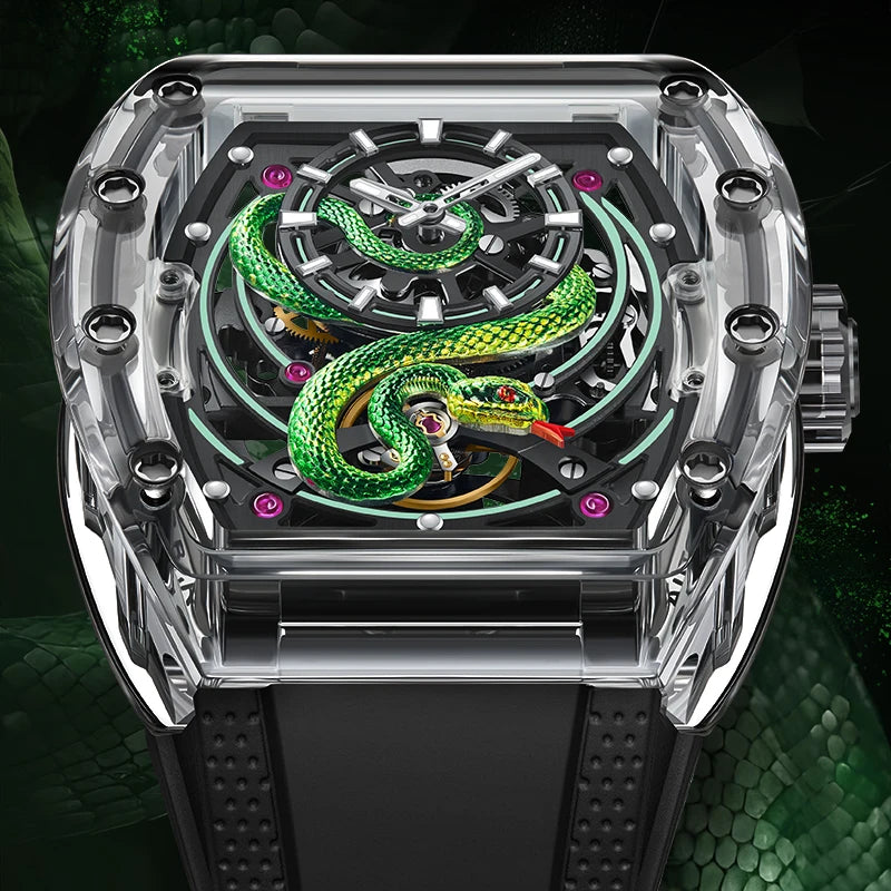 BONEST GATTI Men's Mechanical Watch Sapphire Crystal Double-Sided Hollow Out Luminous 30M Waterproof Snake Pattern Dial Wristwatch