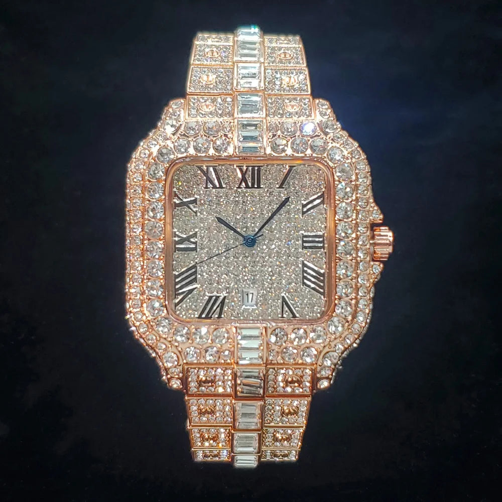 Luxury Diamond Watch for Men Hip Hop Style Bling Bling Iced Out Wristwatch Fashion Square Stainless Steel Waterproof Clock 2024