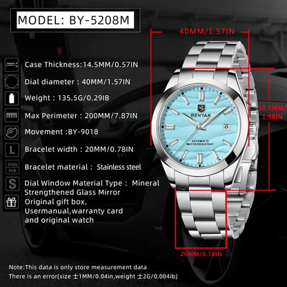 BENYAR Top Sand Series 40mm Hot Selling Mechanical Watch 316L Stainless Steel Simple 5 Bar Waterproof Automatic Men's Watch
