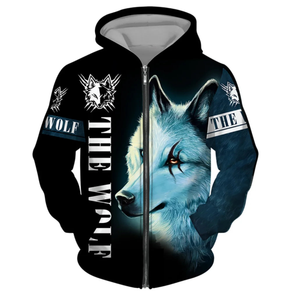 3D Wolf Print Men's Zipper Hoodies Fashion Animal Pattern Top Coat Street Punk Style Oversized Sweatshirts Outdoor Leisure Jackets