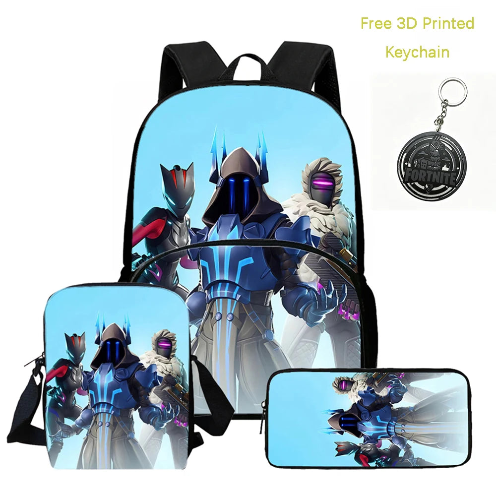FORTNITE 3-Piece Lightweight Backpack Set with Front Pocket, Crossbody Bag & Pencil Case for Ages 5-9 Boys and Girls, Includes Free 3D Printed Keychain
