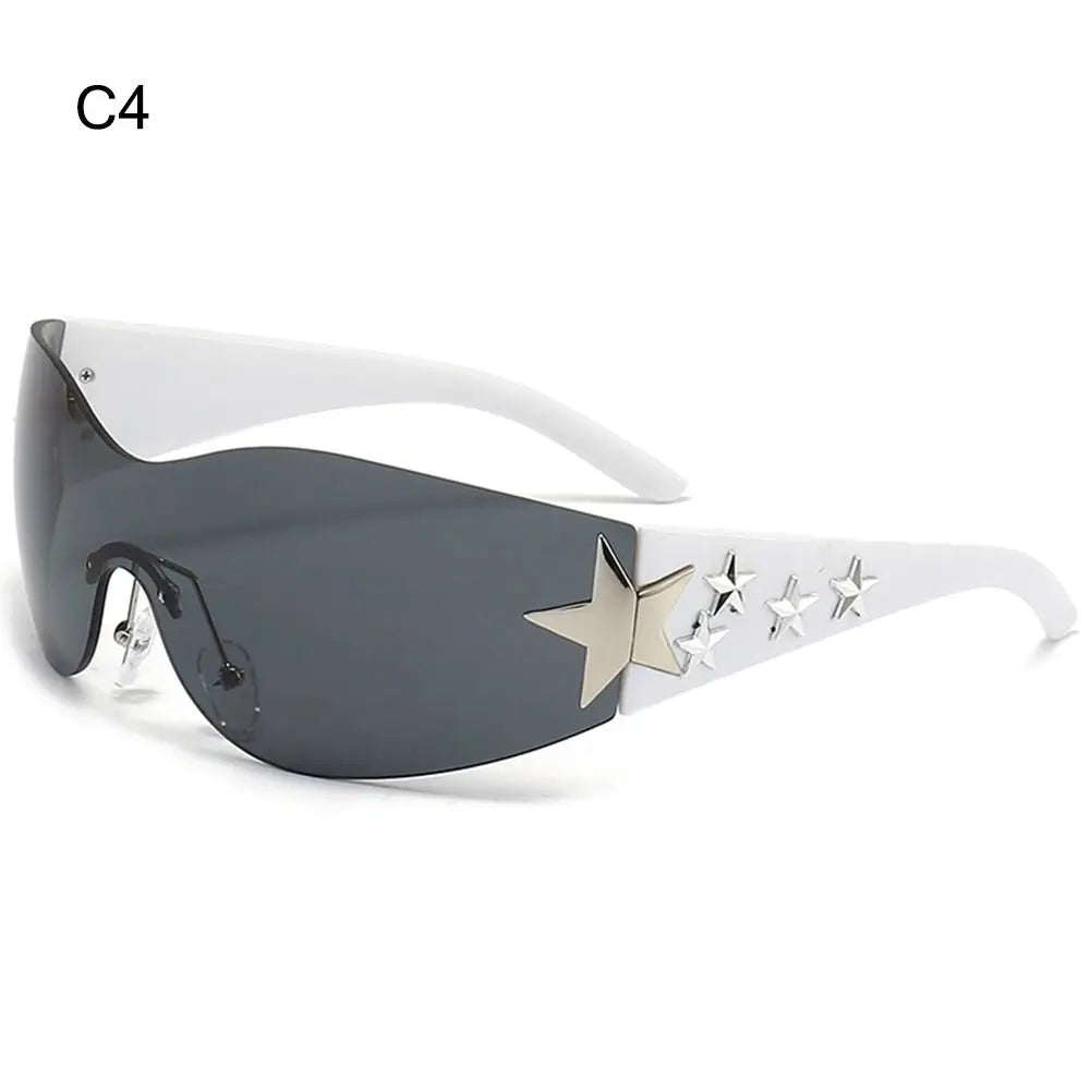 Rimless Y2K Sunglasses Women Men Punk Goggle Trendy Shield Sun Glasses UV400 3D Five Star Rhinestones Eyewear 2024