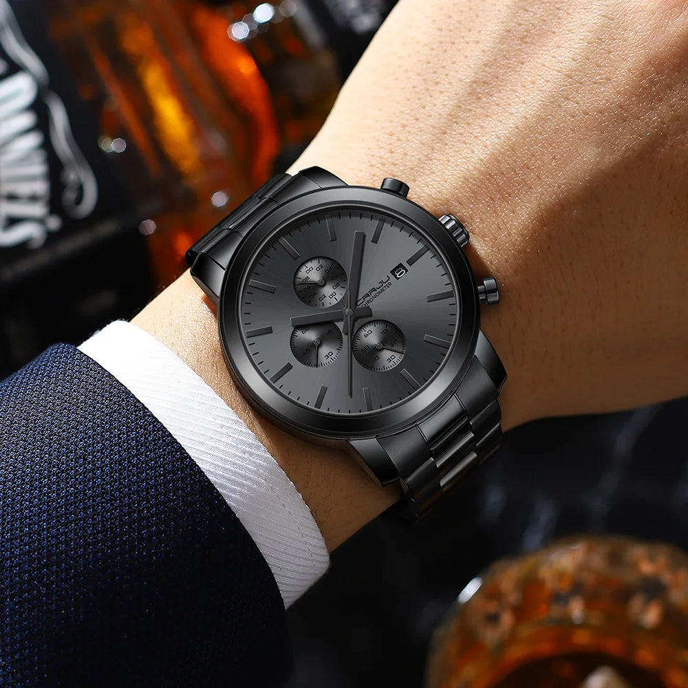 CRRJU Men’s Watch – Stainless steel chronograph, water-resistant, with date display, analogue quartz movement, elegant and professional style