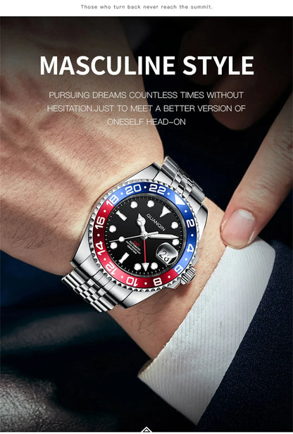 GUANQIN GMT Reloj para hombre 2025 nuevo reloj automático para hombre NH34 reloj mecánico de pulsera con cristal de zafiro y acero inoxidable para mano izquierda