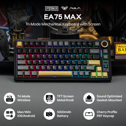 EPOMAKER X AULA EA75 MAX 75% ANSI US Layout Hot-Swap Gasket Wired/BT/2.4GHz Wireless Mechanical Keyboard with Screen & Knob