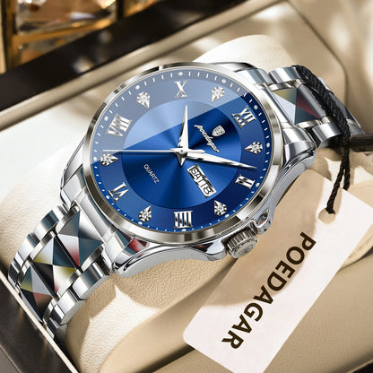 Montre pour homme POEDAGAR, modèle de luxe original, étanche, lumineuse, avec affichage de la date et du jour, style élégant, boîtier en acier inoxydable, mouvement à quartz, idéale pour le travail.