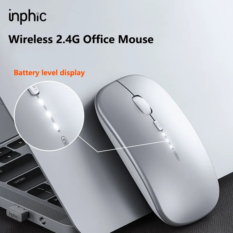 Bezdrátová tichá kancelářská myš Inphic M1P, ultratenká přenosná, USB rozhraní, ukazatel stavu baterie, nabíjení TYPE-C