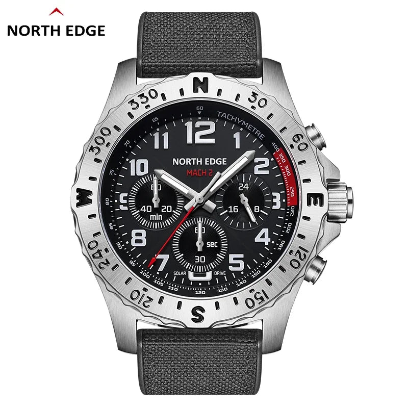 NORTH EDGE Men's Watches Solar Power 316 Stainless Steel Case Quartz Watch for Men Pilot Waterproof 50M Stopwatch
