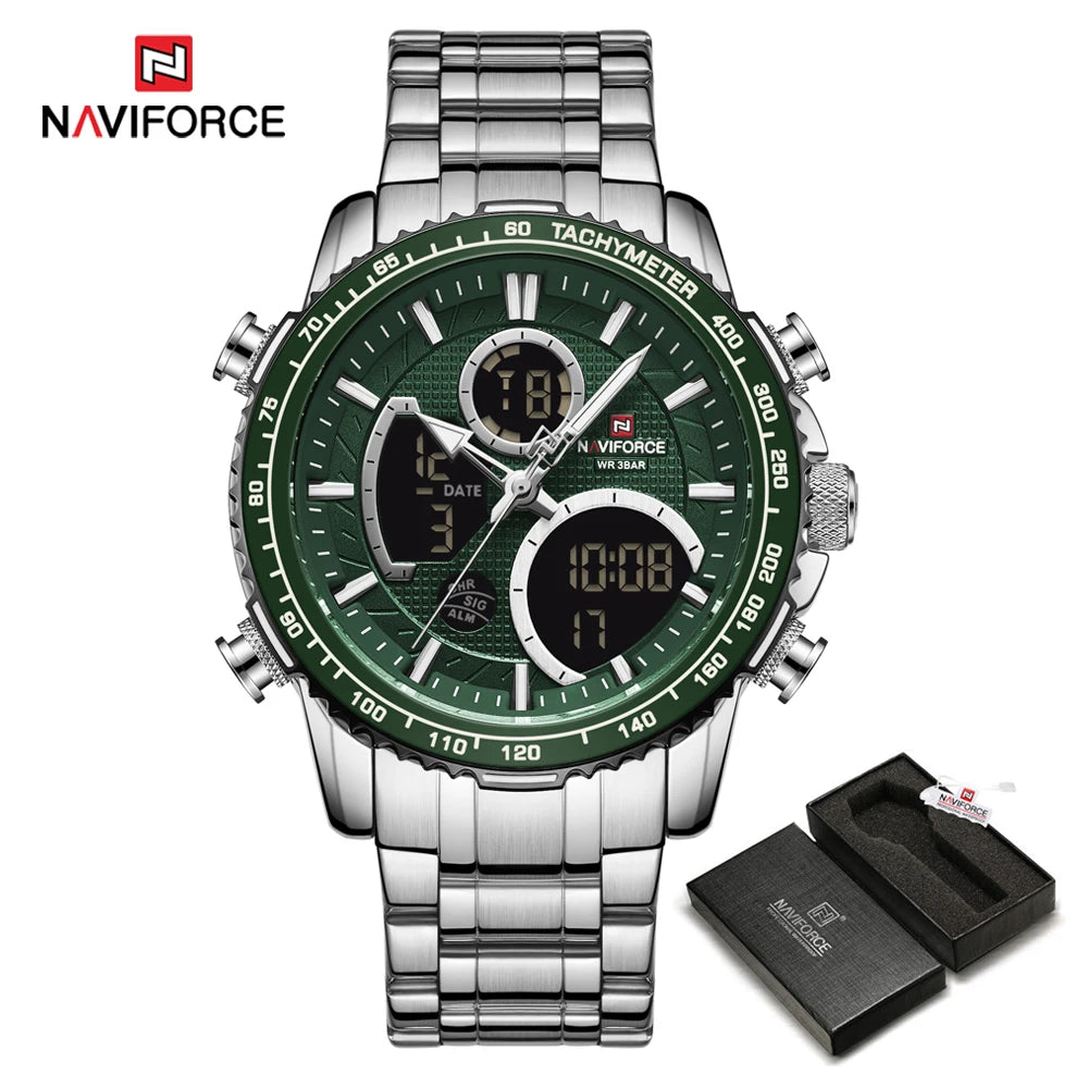 Мъжки спортен часовник NAVIFORCE – Оригинален луксозен ръчен часовник от неръждаема стомана, водоустойчив модел във военен стил с двойно показване