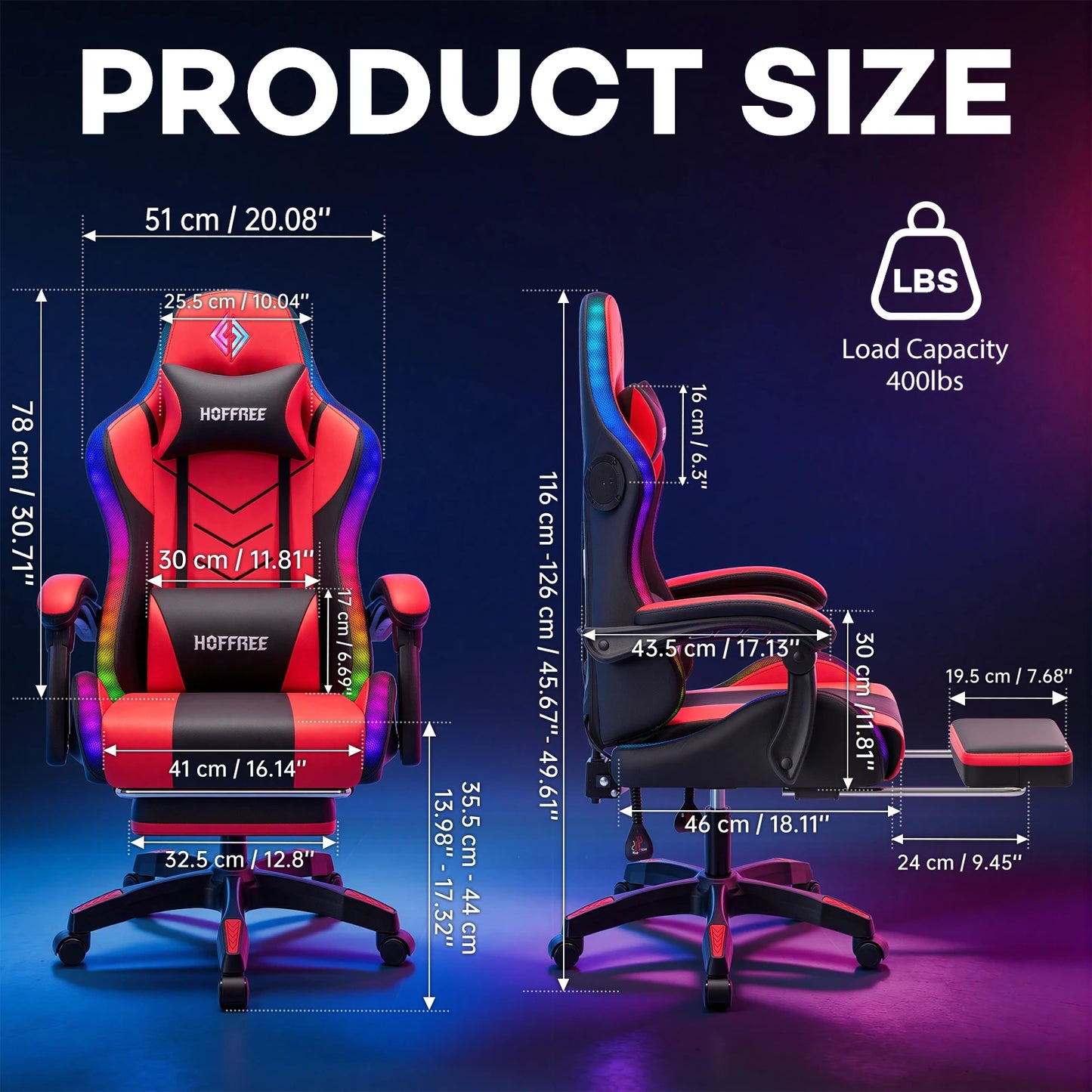 300lbs RGB LED Gaming Chair with Wireless Speakers, Ergonomic Massage Gaming Chair with Footrest, Reclining Computer Gaming Chair for Adults