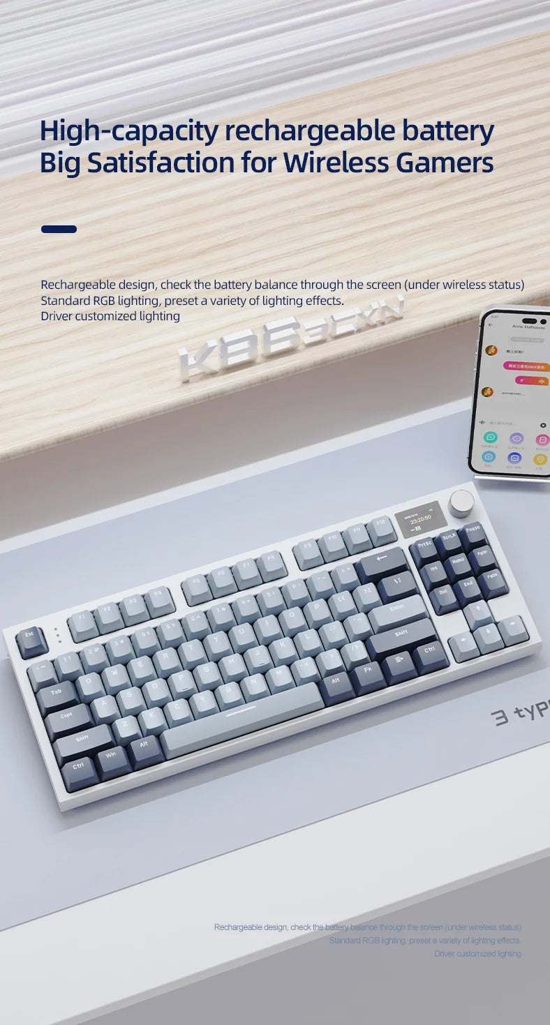 ATTACK SHARK K86 Mechanical Keyboard with Metal Knob,TFT Smart Color Screen,87-key Layout,RGB Lighting,and Three-mode Connection