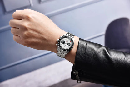 Vyriškas laikrodis „PAGANI DESIGN“ „Panda“ – prabangus kvarcinis chronografas, atsparus vandeniui, safyro stiklas su antirefleksine danga, šviečiantis sportinis laikrodis