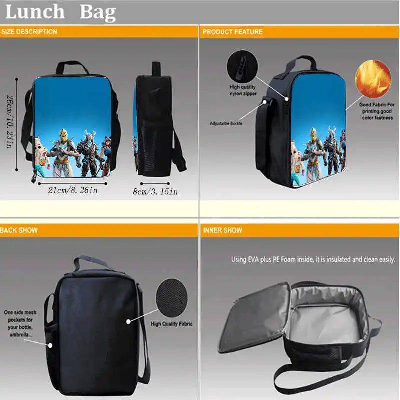 Lunch Bags for Children,Cartoon Fort-nite School Picnic Bags for Girls Boys,Kids Insulated Cooler Lunch Bags Portable Lightweigh
