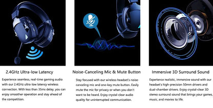 Gaming Headset with Detachable Noise Cancelling Microphone – 3 Mode Wireless Bluetooth 5.3 2.4G USB & 3.5mm Wired Gaming Headset with 50mm Drivers