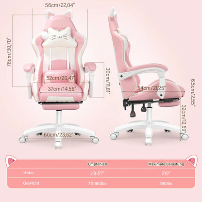 Gaming Chair with Cat Ears, Computer Armchair with Footrest and Lumbar Support, Height Adjustable Game Chair, 360°-Swivel Seat