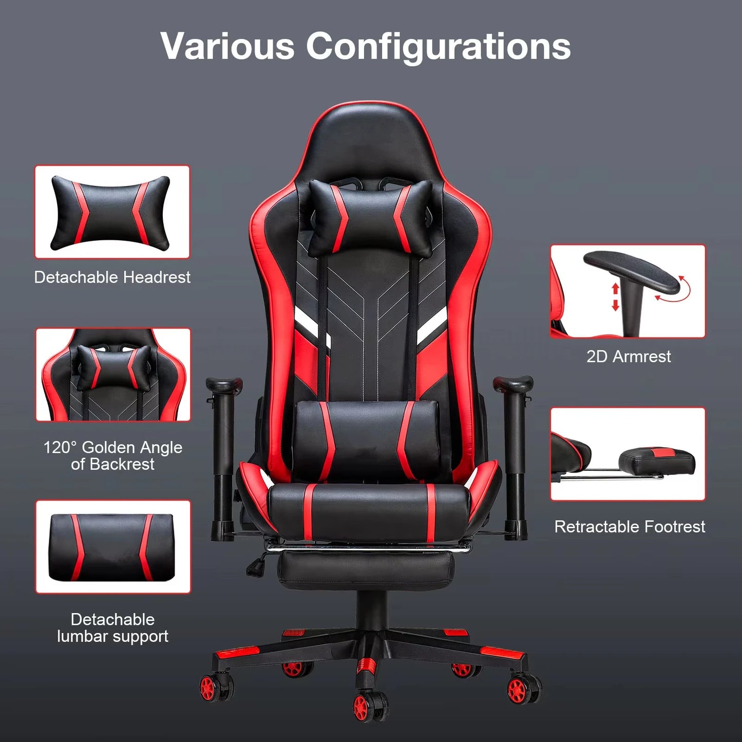 Massage Gaming Chair Ergonomic Office Chair with Footrest, 7-Point Massage Gaming Chair with Lumbar Support, Reclining Gamer Seat GC-RC03