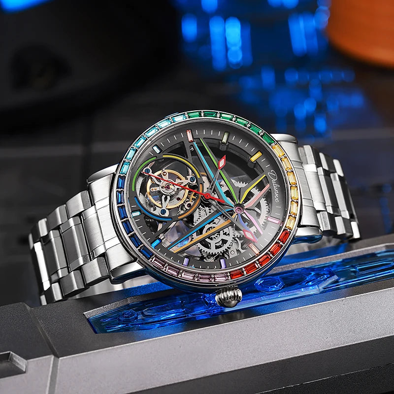 Skelethorloge voor heren, modieuze stijl, versierd met edelstenen in de kleuren van de regenboog, voorzien van een tourbillon; luxe mechanisch automatisch horloge, waterdicht tot 30 meter.