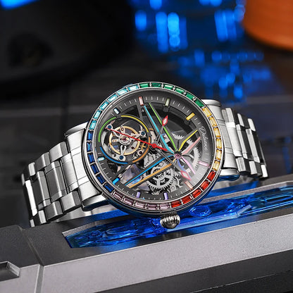 Skelethorloge voor heren, modieuze stijl, versierd met edelstenen in de kleuren van de regenboog, voorzien van een tourbillon; luxe mechanisch automatisch horloge, waterdicht tot 30 meter.