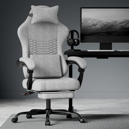 Ergonomic Gaming Chair Fabric Office Chair with Footrest, Adjustable Swivel Desk Chair with Headrest, Comfortable Racing Style Gaming Seat