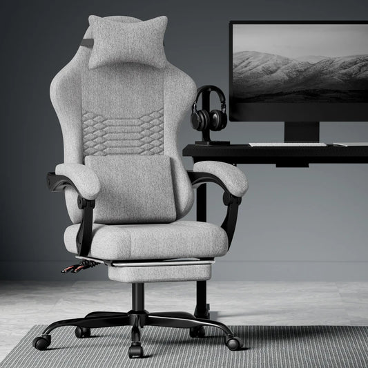 Ergonomic Gaming Chair Fabric Office Chair with Footrest, Adjustable Swivel Desk Chair with Headrest, Comfortable Racing Style Gaming Seat