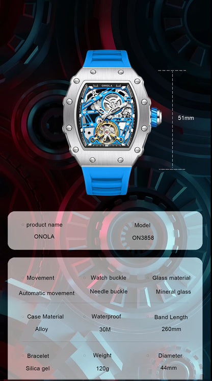 Fashion Luxury Men's Watch ONOLA Hollow Out Rudder Flywheel Fully Automatic Mechanical Waterproof Silicone Watches Clock