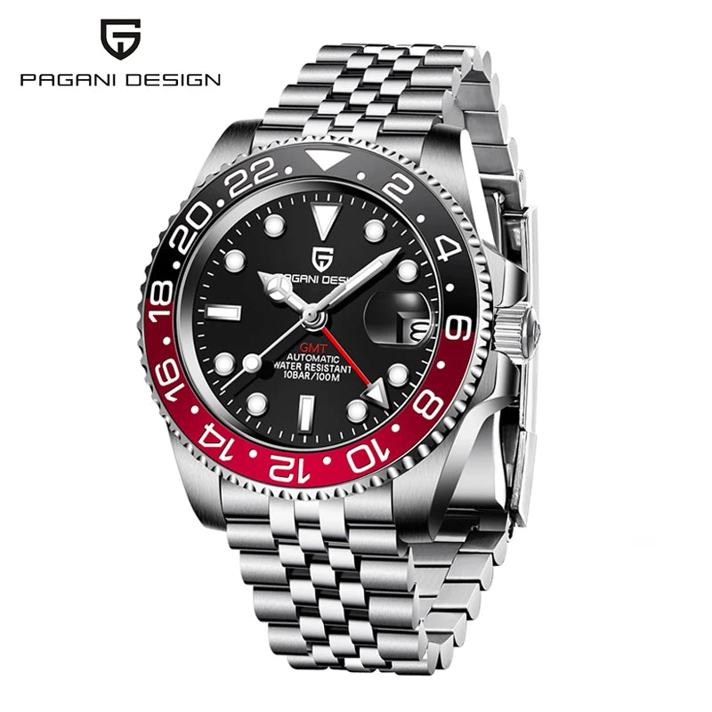 PAGANI DESIGN 40MM GMT Reloj para hombre de lujo con cristal de zafiro AR, reloj mecánico con bisel cerámico, automático, resistente al agua 100M, reloj de regalo