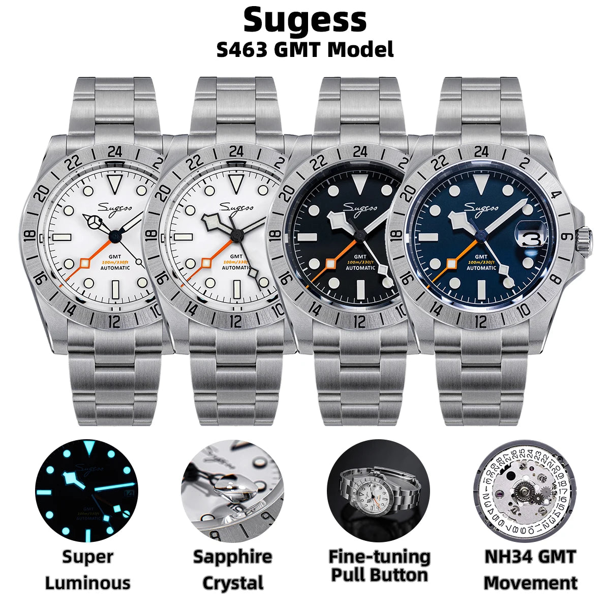 SEESTERN GMT Retro Watch for Men NH34 Automatic Movement Mechanical Wristwatches Sapphire Crystal Fine-tuning Pull Button S436