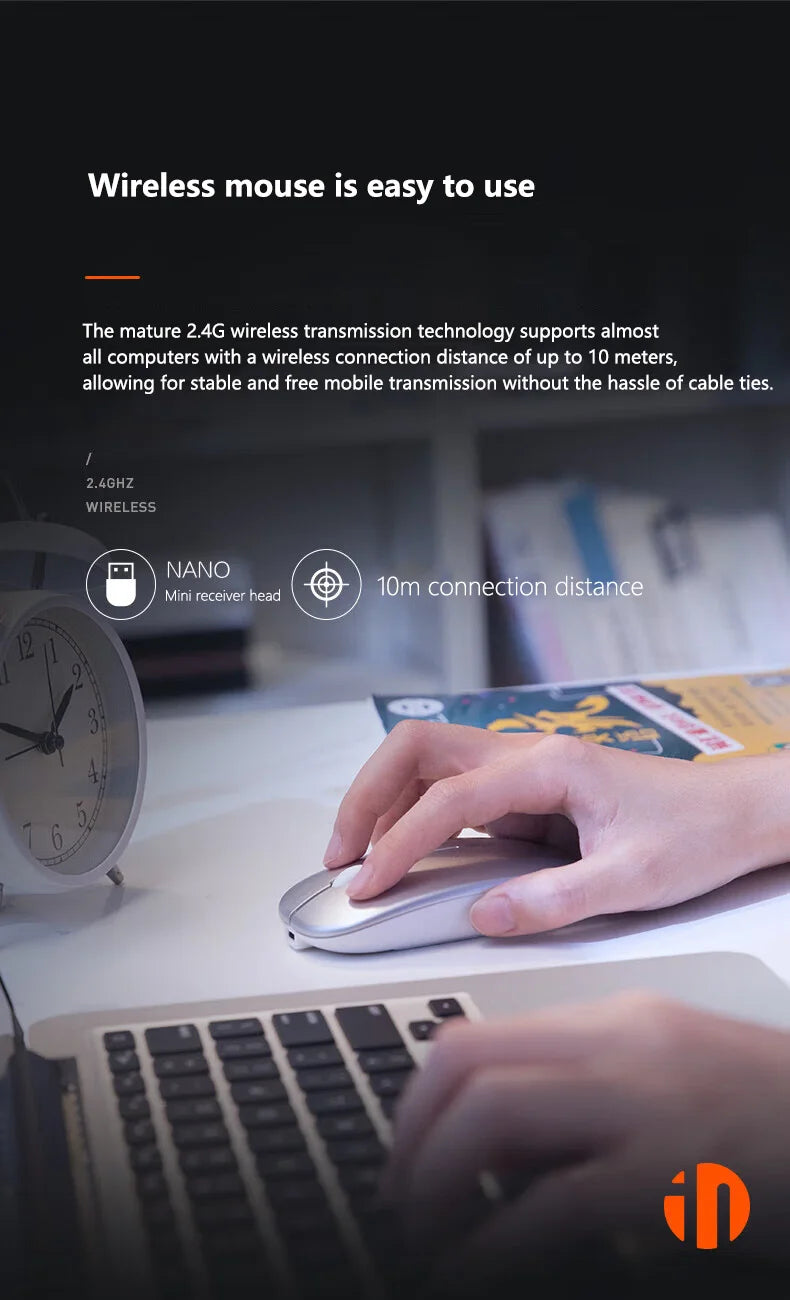 Bezdrátová tichá kancelářská myš Inphic M1P, ultratenká přenosná, USB rozhraní, ukazatel stavu baterie, nabíjení TYPE-C