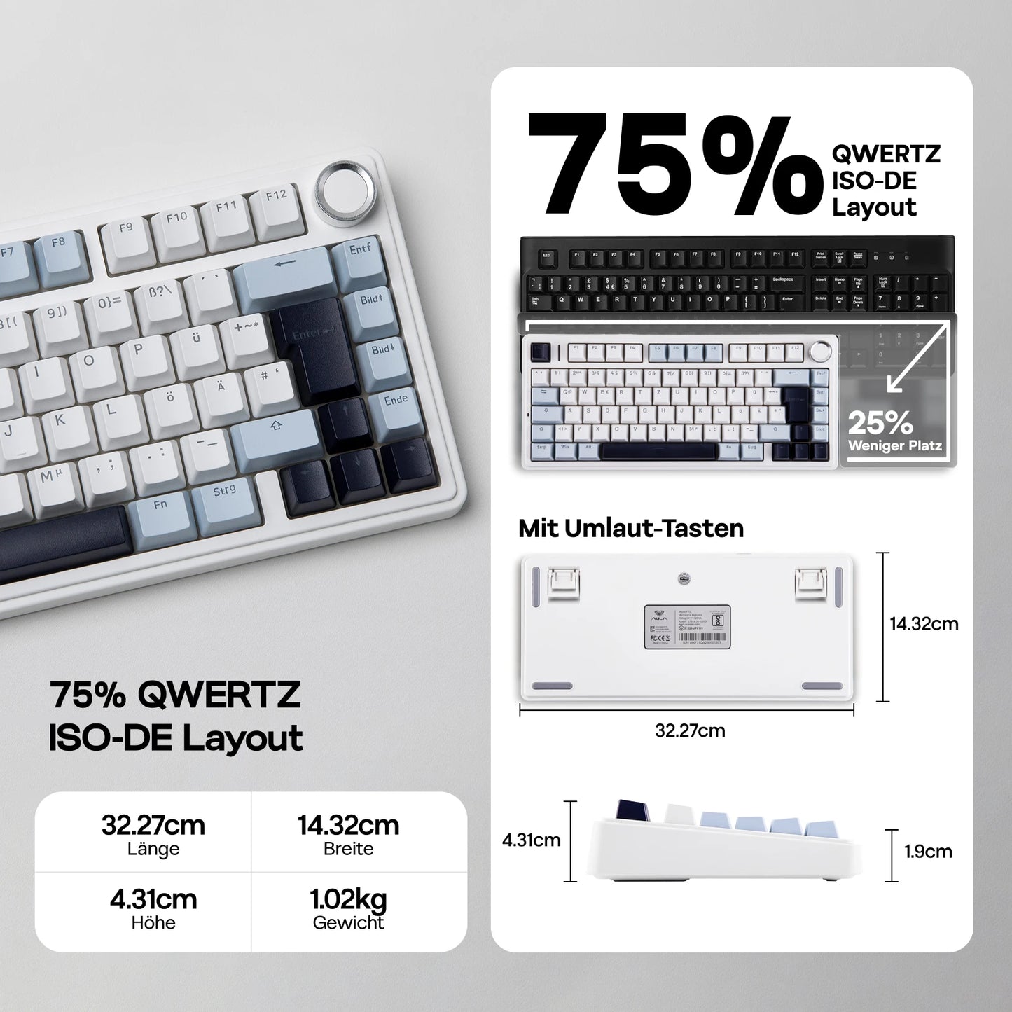 Teclado mecánico inalámbrico EPOMAKER x AULA F75 ISO-DE con conectividad trimodo, distribución alemana QWERTZ y batería de 4000 mAh