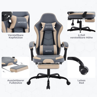 Sedia da gaming WOTSTA con poggiapiedi, sedia gamer ergonomica con cuscino lombare e poggiatesta, sedia per computer regolabile in altezza