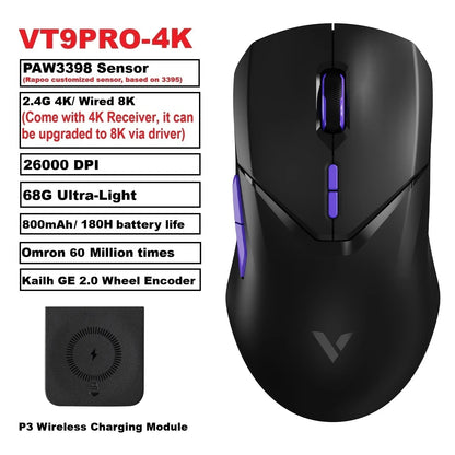 Rapoo VT9PRO PAW3398 Wireless Gaming Mouse 68g Wired Programmable Ergonomic Mice 26000DPI Type C Rechargeable Pc Gamer Accessory
