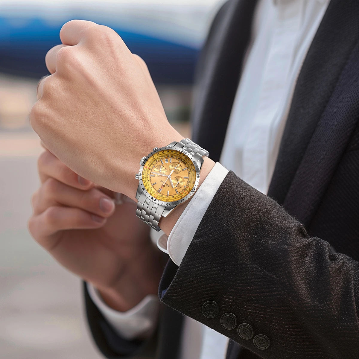 Ceas pentru bărbați BERNY Aviation – Cronograf cu cuarț, cu dată, sticlă de safir și strat ultraluminescent – Ceas elegant de marcă de lux