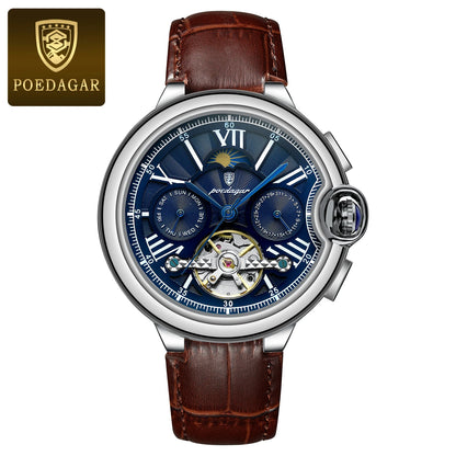 POEDAGAR Luxury Male Watch Tourbillon Date Week Stainless Steel Men Watch Waterproof Automatic Mechanical Military Men's Watches