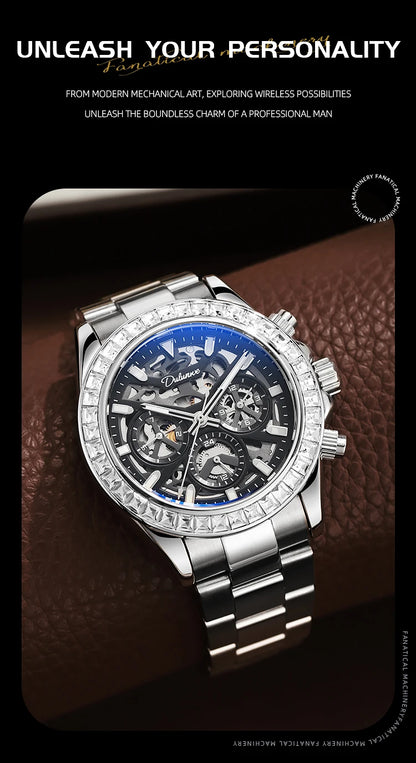 Diamond Bezel Stainless Steel Automatic Watch Fashion Mulitfunction Waterproof Luminous Mechanical Watches for Men