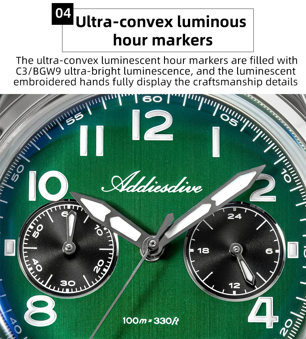 ADDIESDIVE Hot Sale Watch for Men VK64 Chronograph 10Bar Waterproof AD2516 Super Luminous Bubble Mirror Glass Quartz Steel Watch