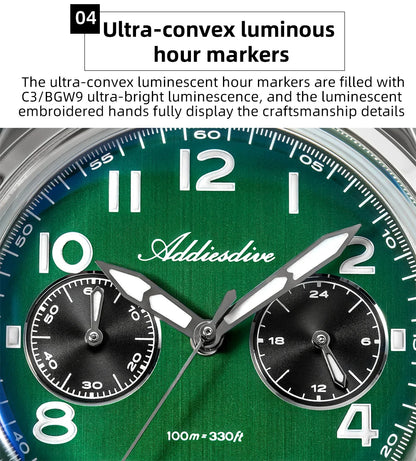 ADDIESDIVE Hot Sale Watch for Men VK64 Chronograph 10Bar Waterproof AD2516 Super Luminous Bubble Mirror Glass Quartz Steel Watch