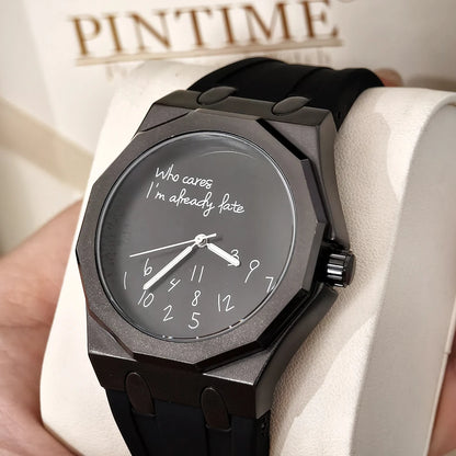 Lyxig herrklocka med åttkantigt boett och silikonarmband, vattentät, med en urtavla prydd med den humoristiska sloganen ”Who Cares I'm Already Late” (Än sen då, jag är ju redan sen).