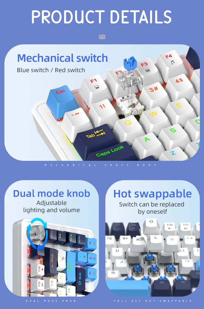 K82 75% Wired Mechanical Keyboard RGB Backlight, 82 KEY, Full Key Hot Swappable Blue Switch, Multifunctional Knob, Windows & Mac