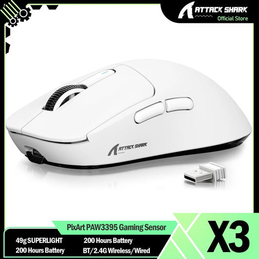 Rato Gaming Sem Fios ATTACK SHARK X3 PixArt PAW3395 49g SUPERLEVE, BT/2.4G Sem Fios/Com Fios, 6 Níveis de DPI Ajustáveis até 26000