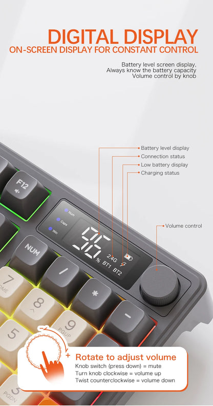 M96 Bluetooth Wireless Keyboard FREEWOLF Digital Display, RGB Backlight, 2000mAh Battery & PBT Keycaps for PC/Laptop