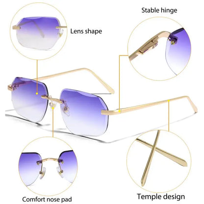 CATERSIDE Fashion Frameless Men's Sunglasses with Design Sense Lenses Metal Temple Sunglasses Women's Party Travel Sunglasses