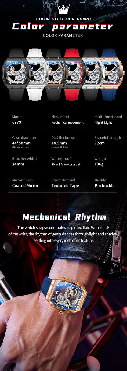 OLEVS 6779 fashion men's watches waterproof Transparent dial silicone tape mechanical watch for man Original brand wristwatch