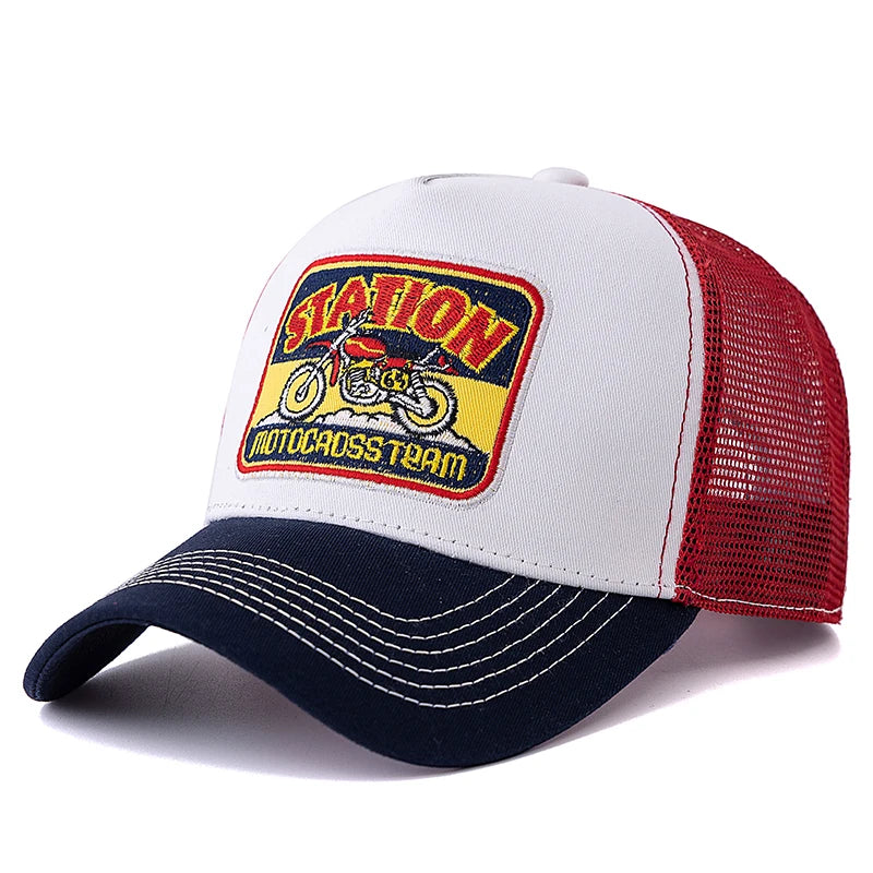 Unisex hálós trucker sapka, klasszikus motoros mintával, lélegző nyári baseball sapka, utcai divat sapka férfiaknak és nőknek