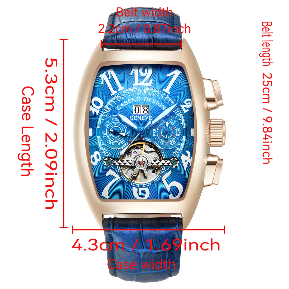 CASENO Top Luxury Brand Men's Fully Automatic Mechanical Tourbillon Watch Calendar Night Glow Tonneau Skeleton Watch -577G