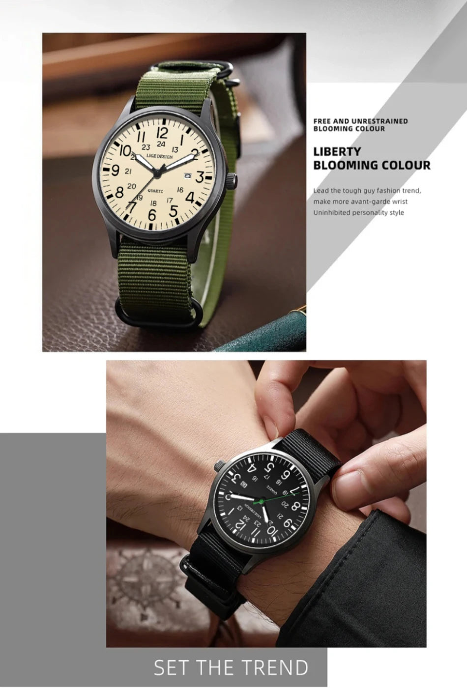 LIGE Lyxiga herrklockor med kvartsverk, datum, nylonarmband, läderarmband, vattentäta, självlysande, militär- och sportklockor för män relogios masculino