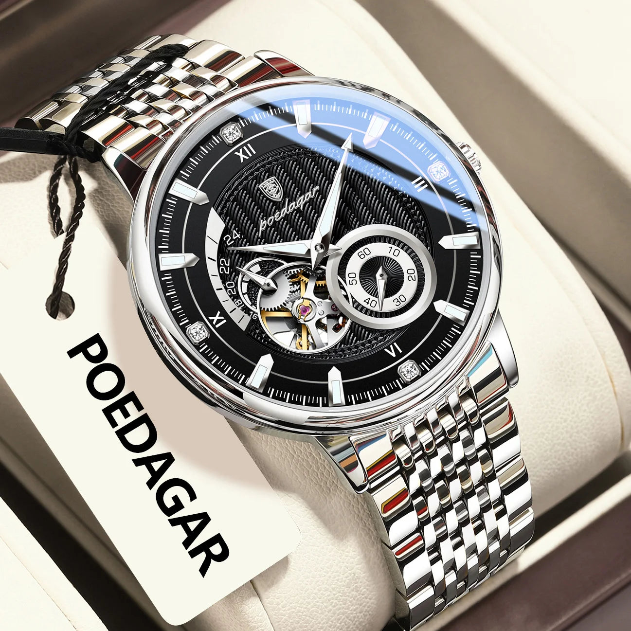 POEDAGAR Top Luxury Man Wristwatch Luminous Hollow Tourbillon Stainless Steel Men Clock Mechanical Automatic Men's Watches Reloj
